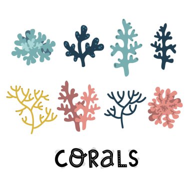 Şirin bitkiler ve mercanlar, sualtı dünyası elementleri, okyanus denizi, vektör