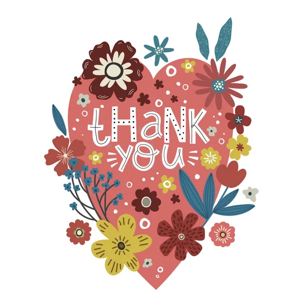 Ροζ καρδιά και πολύχρωμα λουλούδια, γράμματα οι λέξεις σας ευχαριστώ, διάνυσμα πρότυπο doodle κάρτα — Διανυσματικό Αρχείο