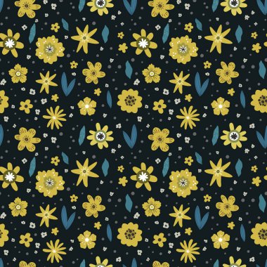 Yapraksız desenli sarı ve mavi çiçekler, vektör el çizimi tebrik kartı deseni çizimi