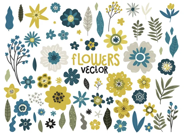 Set Yellow Blue Flowers Branches Vector Hand Drawing Pattern Design — Stock Vector