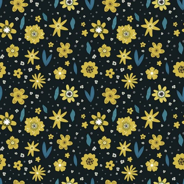 Желтые Синие Цветы Бесшовным Узором Листьев Векторная Иллюстрация Шаблона Поздравительной — стоковый вектор