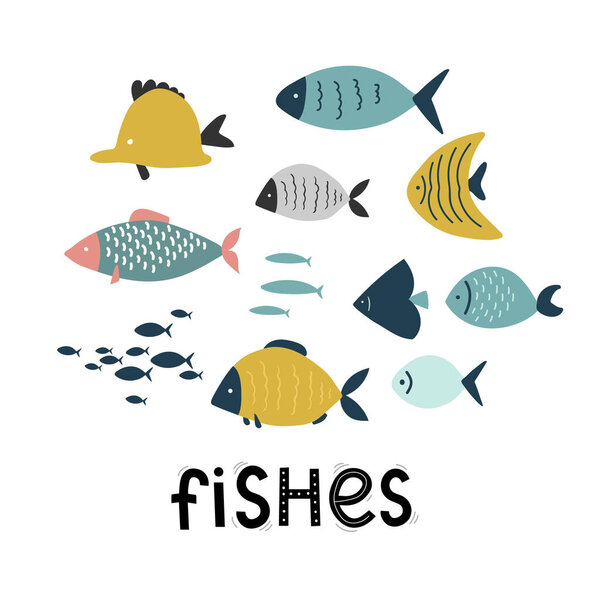 set of cute exotic fish, sea ocean, cartoon lettering vector illustration hand drawing