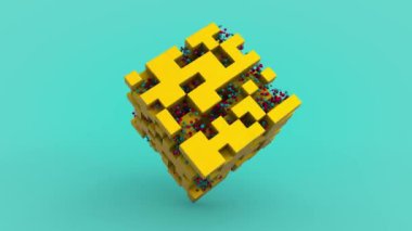 Geometrik şekillerin ve kürelerin soyut bir bileşiminin 3 boyutlu animasyonu. Topları olan bir küp ve pikselleştirilmiş bir küp açık mavi arkaplanda ayrı ayrı döner.