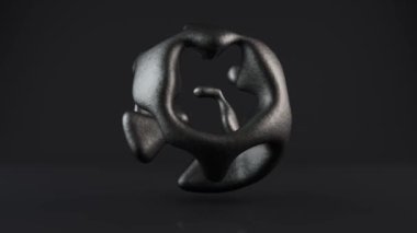 Soyut bir kompozisyonun 3 boyutlu animasyonu: sıfır yerçekiminde kaynaşmış metal, gümüş ve altın yer değiştirir. Sıvının kaotik hareketi.