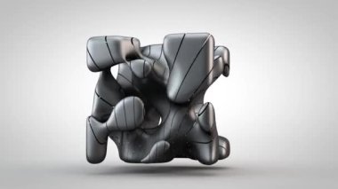 Üç boyutlu soyut sanat, kübik şekilli sürreal döngü animasyonu, dalgalı çizgiler, yumuşak kıvrımlar. Metal figür sürekli şekil değiştiriyor. Beyaz arkaplanda izole edilmiş animasyon.