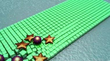 Kaygan bir yüzeyde uçan bir dizi küpten oluşan bir Noel ağacının 3 boyutlu animasyonu. Bir sürü oyuncak ve yıldız birbirinden ayrılır. Yeni yıl için soyut 3B kompozisyon.