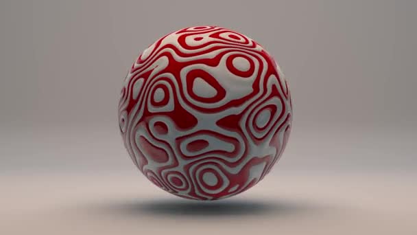 具有白色和红色表面的抽象球体的3D循环动画 表面上的线条会改变形状和弯曲 抗压力动画 周期性 — 图库视频影像