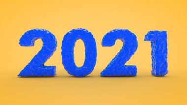 2021 yılının 3 boyutlu görüntüsü mavi yarı sıvı bir maddeden, sarı arka planda rahatlama ile. Takvimler, pankartlar ve kartpostallar için resim.