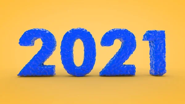 3D渲染2021年新年的日期从蓝色半液体物质与黄色背景的宽慰 横幅和明信片的说明 — 图库照片