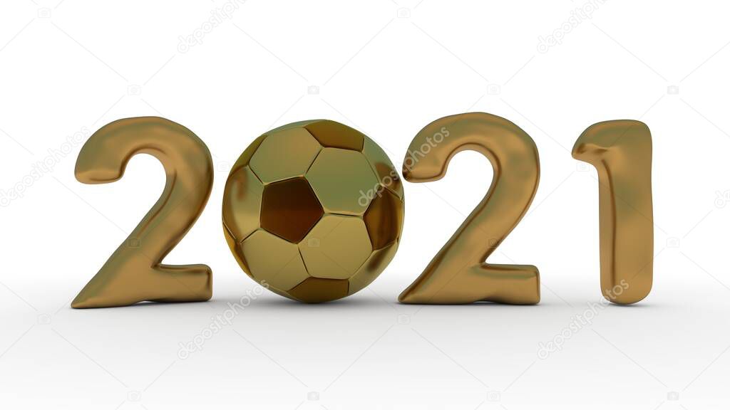 3D rendering of the date of the Golden 2021 new year with a Golden soccer ball instead of zero. The idea of sporting achievements and victories in the new year 2021. Illustration for the calendar.