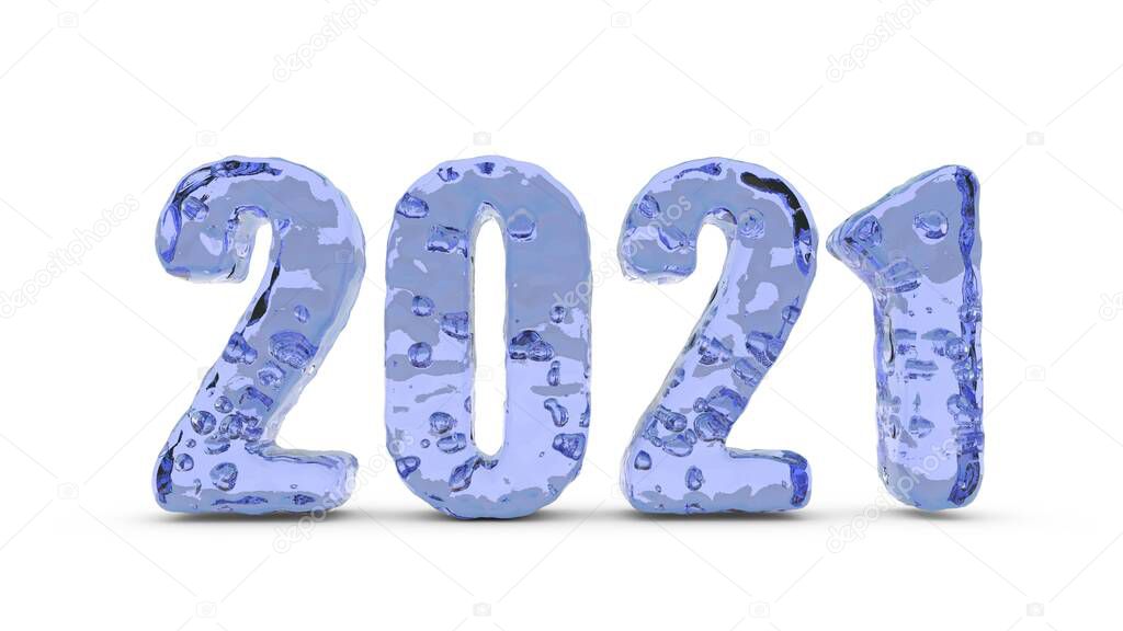 3D rendering of the 2021 new year's date from clear water with air bubbles. The idea of an environmentally friendly source of power and energy. Hydrogen technology.