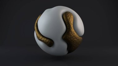 Soyut bir şeklin üç boyutlu görüntüsü, metal, altın ve beyaz damlalar kaynaştırılır, koyu bir arkaplanda güzel, eşsiz bir küre haline getirilir. Mükemmel kıvrımlar, pürüzsüz geçişler, pürüzsüz çizgiler.