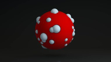 Siyah zemin üzerinde kırmızı mükemmel bir topun 3 boyutlu yansıması. Küre yüzeyine baskı yapan beyaz toplarla kaplıdır. Geometrik cisimlerin mükemmel bir kombinasyonunun soyut çizimi.