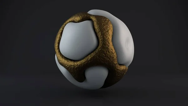 3D rendering of an abstract shape, drops of metal, gold and biological fluid are combined into a sphere, beautiful, unique on a dark background. Perfect curves, smooth transitions, smooth lines.