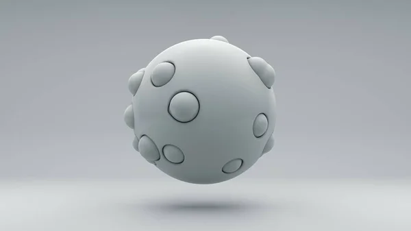 在白色背景上三维渲染一个完美的白色球 大小不同的小球被压入球体的表面 大小和形状相结合 摘要说明 — 图库照片