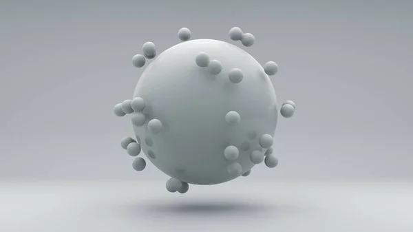 在白色背景上三维渲染一个完美的白色球 球体上方是不同距离的白球 几何体完美组合的抽象说明 — 图库照片