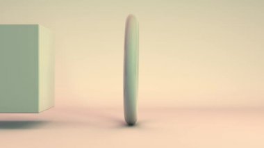 Soyut beyaz bir küpün 3 boyutlu animasyonu bir küreye dönüşüyor ve halka şeklindeki bir geçitten geçiyor. Geleceksel animasyon, geometrik durağan yaşam.