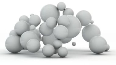 Üç boyutlu kaotik bir animasyon, farklı boyutlardaki pek çok kürenin titreşimli hareketi, beyaz arka planda beyaz. Soyut döngü animasyonu, arkaplan ekran koruyucu, kaos tasarımı.