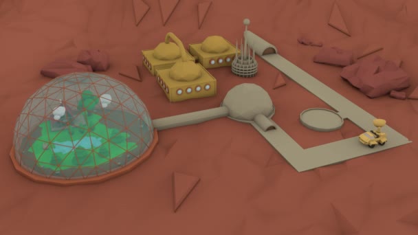 Low Poly Animation Martian Colony Dome Plot Life House Lake — Stock Video
