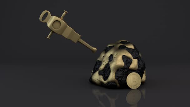 石をノックし ビットコイン暗号通貨をノックアウトする黄金のジャックハンマーの3Dアニメーション 仮想通貨を採掘する 仮想通貨を採掘する 金貨を採掘する — ストック動画