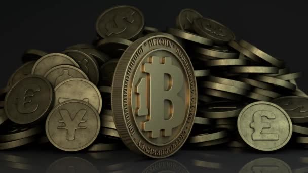 Animation Bitcoin Crypto Monnaie Pièce Tourne Arrière Plan Tas Pièces — Video