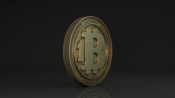 Animatie Van Een Gouden Munt Bitcoin Cryptogeld Draait Een Donkere — Stockvideo