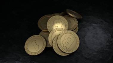 Siyah kömür zemin üzerinde bitcoin kripto para yığını 3D görüntüleme. Kripto para piyasası, madencilik ve iş geliştirme fikri.