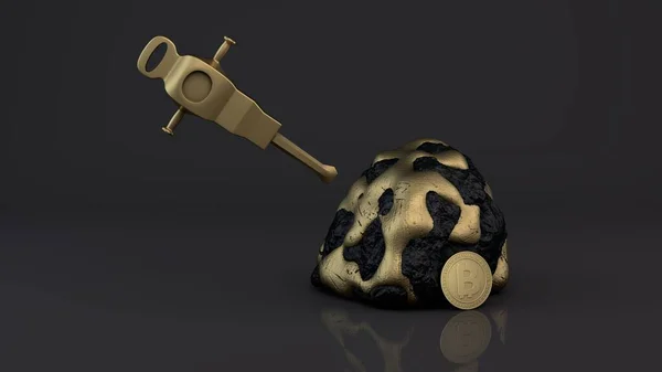 Egy Arany Légkalapácsot Egy Követ Ábrázol Egy Bitcoin Kriptovaluta Aranyérméjéből — Stock Fotó
