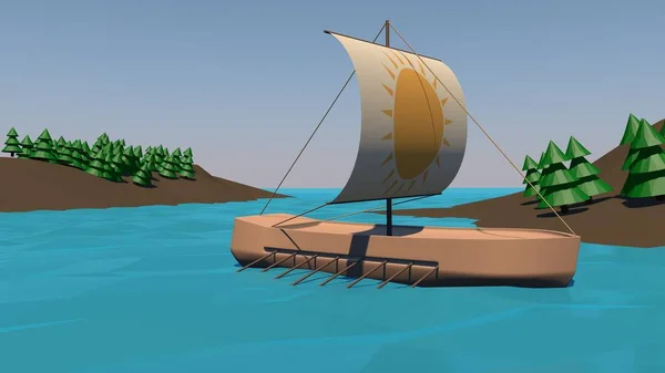 3d rendering of a low-poly ship, on oars, an ancient sample that sails to an ancient wooden city. Low-poly illustration of an ancient Viking boat on oars. Sailboat of the ancient Slavs.