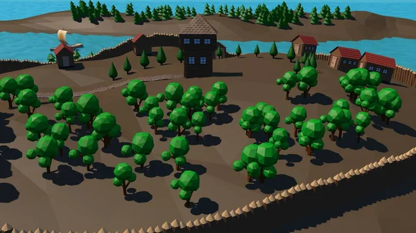 Rendering Low Poly Landscape Old Wooden Town Surrounded Palisade Wooden — Stock Photo, Image