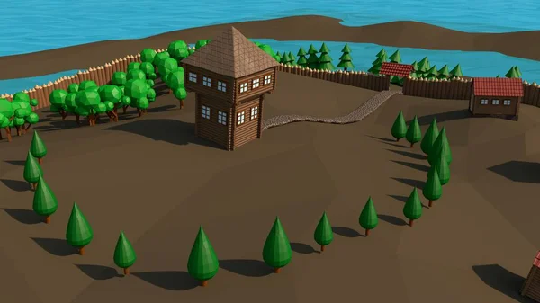 3D渲染的低聚类景观 一个被栅栏环绕的古老的木制城镇 有木制的建筑物 低矮的树 池塘维京人和斯拉夫人的古老世界 — 图库照片