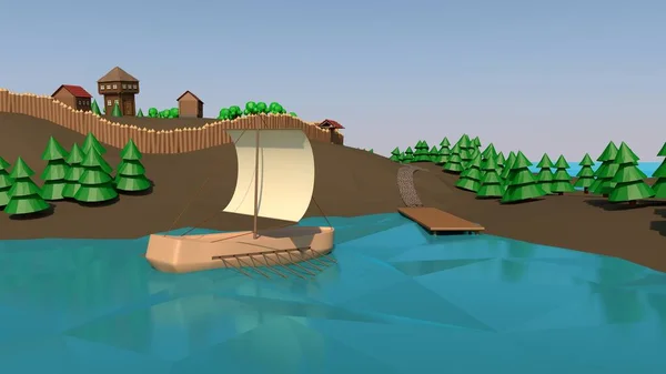 3d rendering of a low-poly ship, on oars, an ancient sample that sails to an ancient wooden city. Low-poly illustration of an ancient Viking boat on oars. Sailboat of the ancient Slavs.