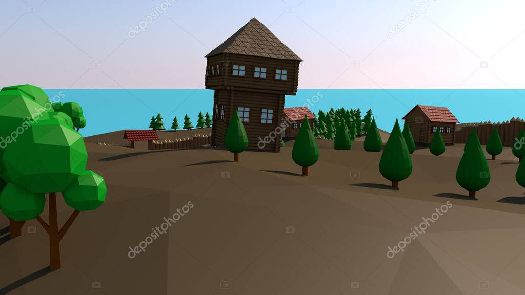 3d rendering of a low-poly landscape. An old wooden town surrounded by a palisade, with wooden buildings. Low-poly trees, forest, garden, pond. The ancient world of the Vikings and Slavs.