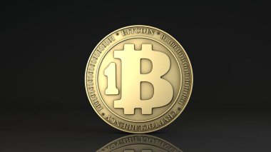 Stüdyoda, arka planda 3 boyutlu bir Bitcoin altın sikkesi var. Şifreli para işi, sanal para ve elektronik ödemeler fikri. Kripto para birimi madenciliğinin reklamı.