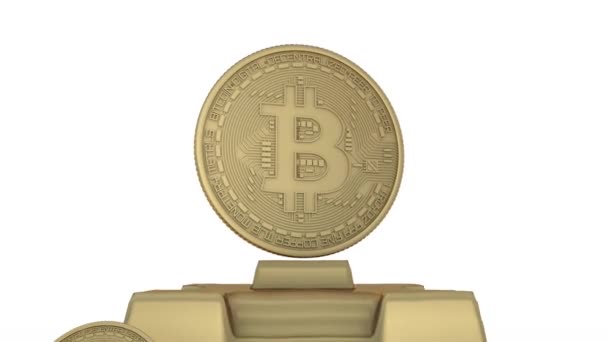 Animasi Dari Piramida Emas Atasnya Berdiri Koin Emas Bitcoin Cryptocurrency — Stok Video