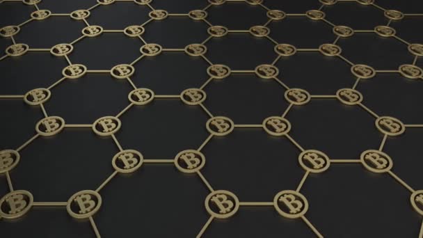 Animacja Siatki Grafenu Molekularnego Symbolami Kryptowaluty Bitcoina Centrach Komórek Idea — Wideo stockowe
