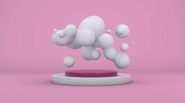 Pembe bir stüdyonun 3D görüntüsü ve bir sürü beyaz süt damlası birleşiyor ve podyumun üstündeki boşlukta rastgele düzenleniyor. Soyut kompozisyon, fütürist tasarım. Ev kimyasalları..