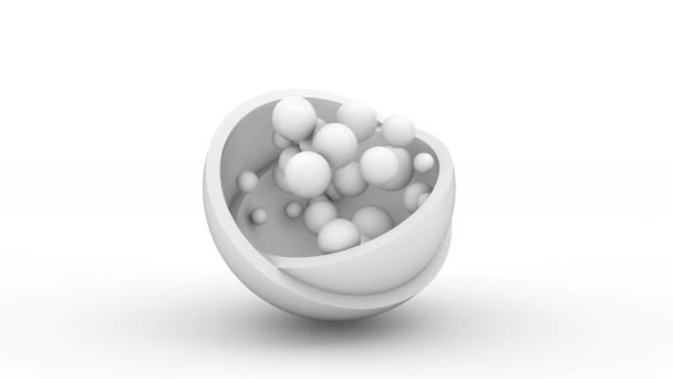 2つの半球からなる白い球のループ3Dアニメーション 液体の白い滴が箱から飛び出す ボールは空気中に浮かんで球に戻ります 概要デスクトップ背景 — ストック動画