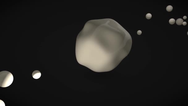 循环3D动画的白色无定形球在一个黑色空间 白色的球体穿过球体 彼此融合 不会溶解在一个大的球体中 — 图库视频影像