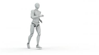 Koşan bir karakterin 3 boyutlu animasyonunu göster. Sağlıklı bir yaşam tarzını destekleyen bir robot. Bir insansı robot koşmakla meşgul..