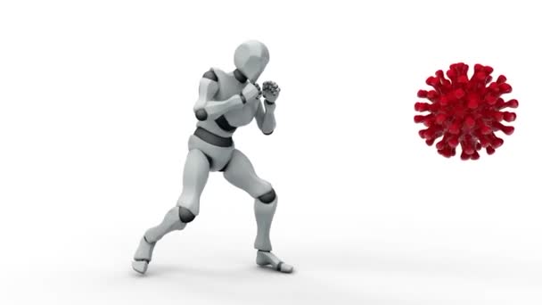 循环3D字符动画 一个站在拳击手姿态上的机器人在红色的头颅骨上空空如也 继续与这种疾病作斗争的想法 — 图库视频影像