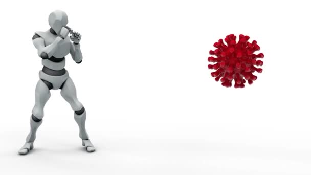 Animazione Attacco Coronavirus Rosso Robot Umanoide Bianco Che Combatte Minaccia — Video Stock