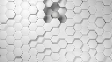 Hareket halindeki beyaz altıgenlerin soyut geometrik arkaplanının 3 boyutlu animasyonu. Beyaz küre dikey hareket eder.
