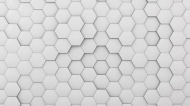 Rastgele hareket eden altıgenlerin geometrik arkaplanının 3 boyutlu animasyonunu göster. Beyaz küre altıgenlerde görünen hücrelerin üzerine iniyor. Soyut 3d arkaplan.