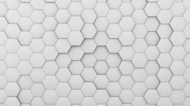 Döngü animasyonu, sürekli kaotik hareket halinde olan beyaz altıgenlerin üç boyutlu soyut arkaplanı. Soyut beyaz arkaplan, geometrik yanılsama.