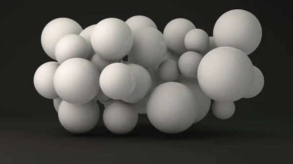 Rendering Geometric Background Many White Spheres Different Sizes Balls Black — Stock Photo, Image