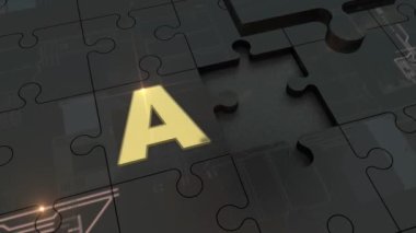 Boş bir hücreyle bulmacaların 3 boyutlu animasyonu. Bulmacalar birikiyor ve yapay zekanın sembolü yapay zeka ortaya çıkıyor. Sinirsel ağlar ve yapay zeka geliştirme fikri.