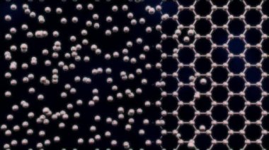 Soyut bir teknolojik altyapının üç boyutlu animasyonu. Grafen oluşumu, karbon kafes. Geleceğin kimyasal süreçlerini ve grafik teknolojilerini gösteren 3D animasyon.