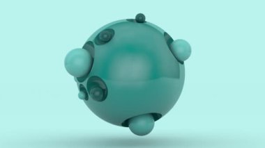 Titreşen ve boyutunu değiştiren bir sürü küçük topla mavi bir kürenin 3D animasyonunu yap. Soyut arkaplan, uzay geometrisi, şekil tasarımı.