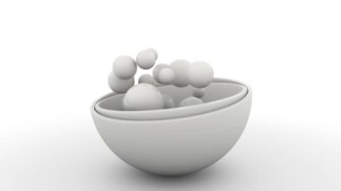 Kürenin beyaz yarısının 3 boyutlu döngü animasyonu. İçinde sayıyı ve konumu değiştiren bir sürü farklı boyutlarda toplar var. Soyut döngü canlandırması.